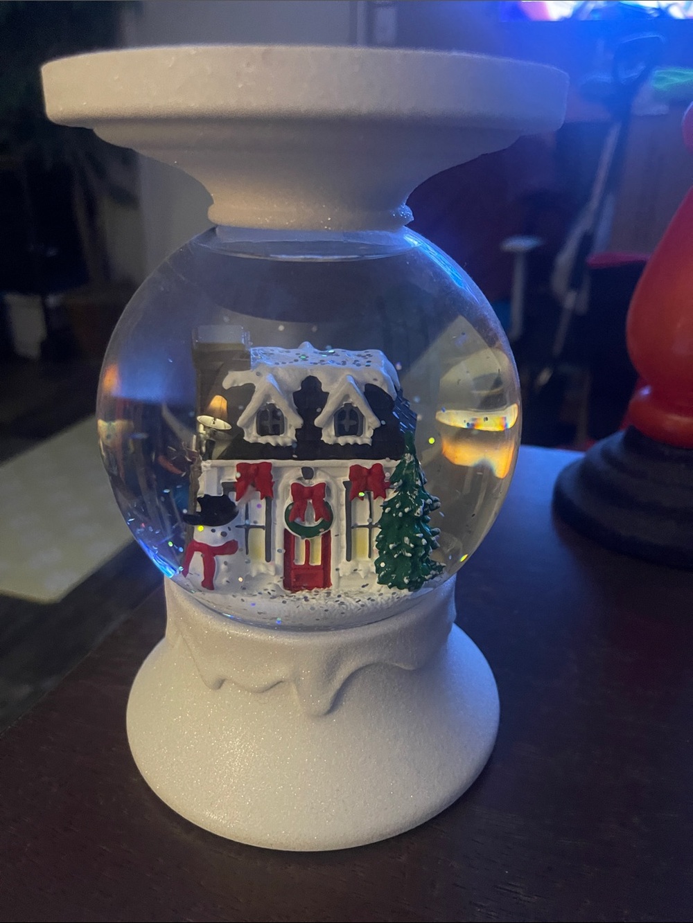 Holiday Snow Globe candle holder with White Base and Festive Cottage